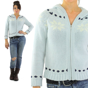 Snowflake sweater 90s hooded pastel blue pom pom zip up Vintage 1990s Grunge cardigan sweat shirt long sleeve knit XL Extra large - shabbybabe
 - 2