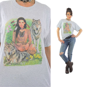 Native American shirt Wolf top Animal tee Southwestern Vintage 1990s Gray Graphic tunic Large - shabbybabe
 - 1