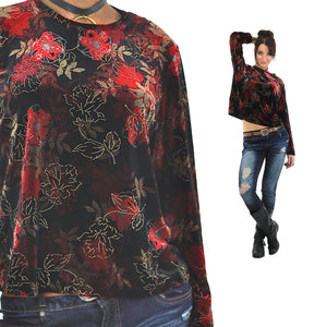 Red Velvet shirt Floral 90s grunge long sleeve top blouse Hipster gothic black 1990s slouch Party Extra Large - shabbybabe
 - 1