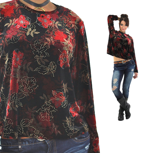 Red Velvet shirt Floral 90s grunge long sleeve top blouse Hipster gothic black 1990s slouch Party Extra Large - shabbybabe
 - 1
