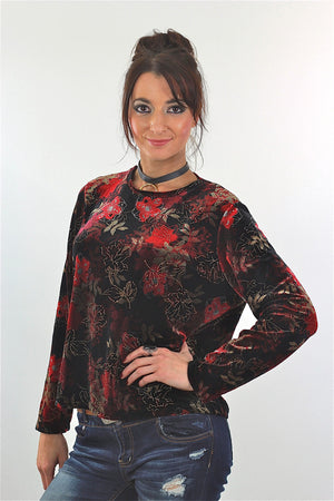 Red Velvet shirt Floral 90s grunge long sleeve top blouse Hipster gothic black 1990s slouch Party Extra Large - shabbybabe
 - 3