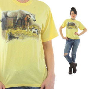 Horse Tshirt 90s pastel Yellow animal tee dog print Vintage 1990s Graphic Tshirt Retro short sleeve Large - shabbybabe
 - 1