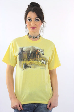 Horse Tshirt 90s pastel Yellow animal tee dog print Vintage 1990s Graphic Tshirt Retro short sleeve Large - shabbybabe
 - 2