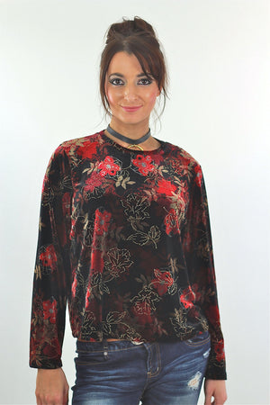 Red Velvet shirt Floral 90s grunge long sleeve top blouse Hipster gothic black 1990s slouch Party Extra Large - shabbybabe
 - 2