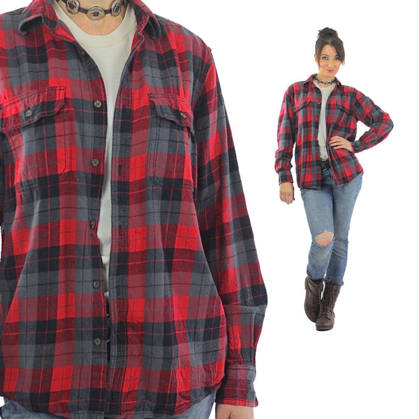 Red Flannel shirt 90s plaid Grunge Red Black Lumberjack Long sleeve Button up Checkered Small - shabbybabe
 - 1