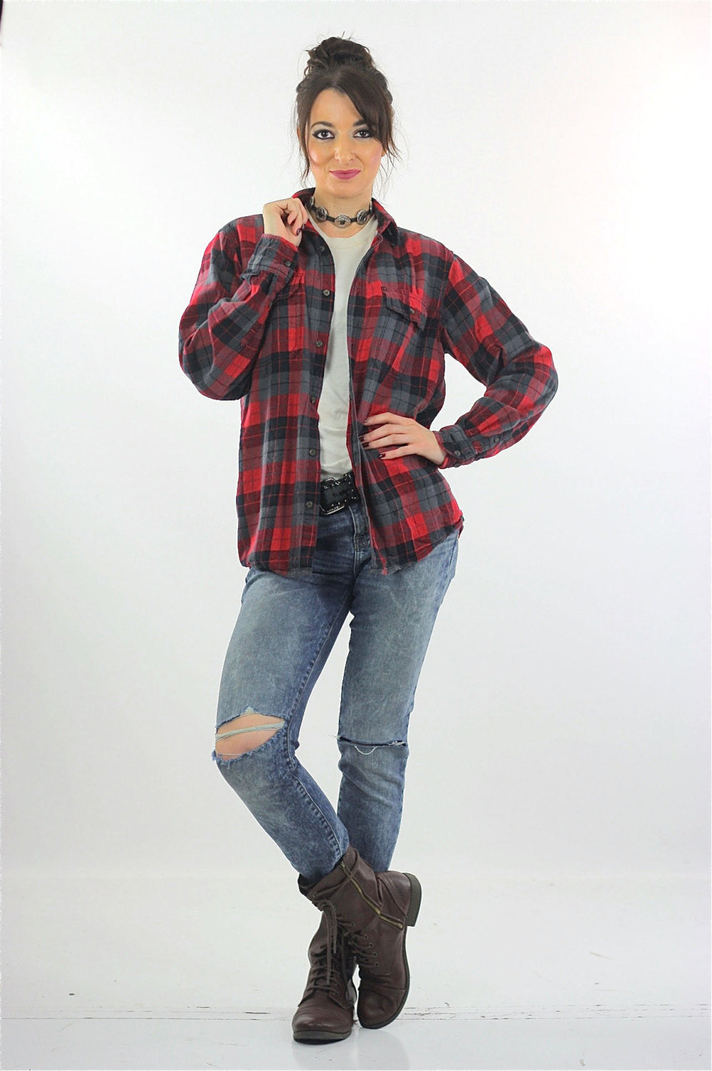 Vintage 90s grunge Blue plaid flannel shirt button up oversize unisex Large shabbybabe