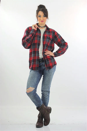 Red Flannel shirt 90s plaid Grunge Red Black Lumberjack Long sleeve Button up Checkered Small - shabbybabe
 - 5