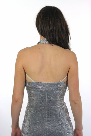Velvet dress 90s Grunge metallic snakeskin print open back halter cut out Silver sweetheart neckline bandage body con  fishtail S Small - shabbybabe
 - 5