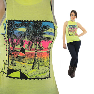 Florida shirt 90s Graphic yellow Tank top sleeveless sailboat print beach tshirt Hipster cutoff Small - shabbybabe
 - 1