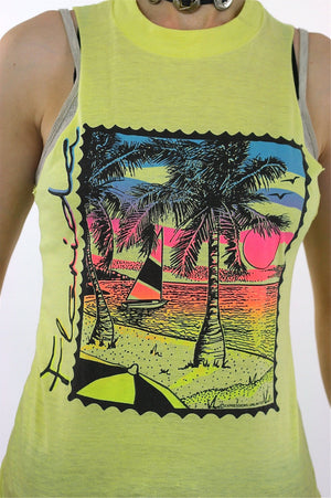 Florida shirt 90s Graphic yellow Tank top sleeveless sailboat print beach tshirt Hipster cutoff Small - shabbybabe
 - 4