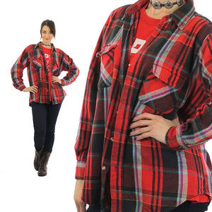 Red plaid shirt Flannel Grunge Large black red oversize 1990s long sleeve Button up Mens Large - shabbybabe
 - 1