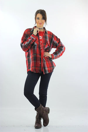 Red plaid shirt Flannel Grunge Large black red oversize 1990s long sleeve Button up Mens Large - shabbybabe
 - 5
