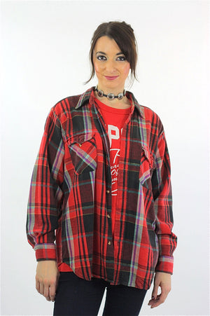 Red plaid shirt Flannel Grunge Large black red oversize 1990s long sleeve Button up Mens Large - shabbybabe
 - 2