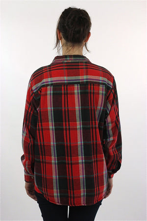 Red plaid shirt Flannel Grunge Large black red oversize 1990s long sleeve Button up Mens Large - shabbybabe
 - 4