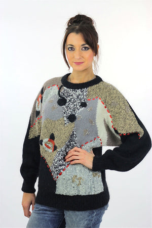 Geometric sweater Slouchy Color block Gray black beaded Vintage 80s abstract retro print Oversized Large - shabbybabe
 - 3