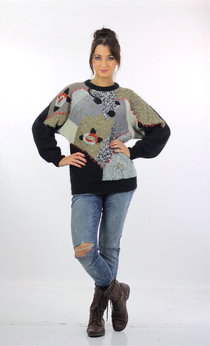 Geometric sweater Slouchy Color block Gray black beaded Vintage 80s abstract retro print Oversized Large - shabbybabe
 - 5