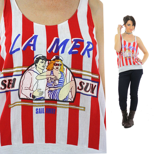 Sailing shirt Red white stripe Nautical La Mer tank top Sea tshirt Sun Slouchy retro scoop neck sleeveless Medium - shabbybabe
 - 1
