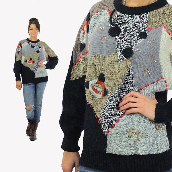 Geometric sweater Slouchy Color block Gray black beaded Vintage 80s abstract retro print Oversized Large - shabbybabe
 - 1