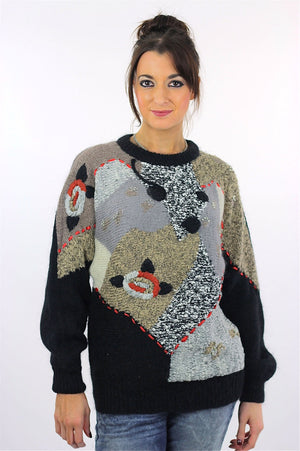 Geometric sweater Slouchy Color block Gray black beaded Vintage 80s abstract retro print Oversized Large - shabbybabe
 - 2