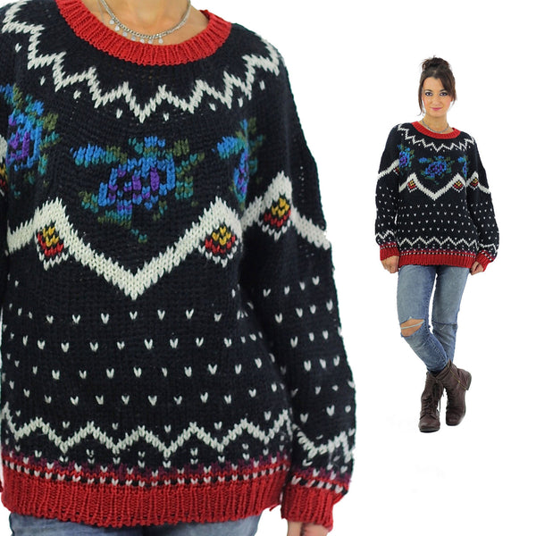 Geometric sweater black hand knit zigzag Polka dot Nordic 80s Grunge Oversize Pullover Hipster Large - shabbybabe
 - 1