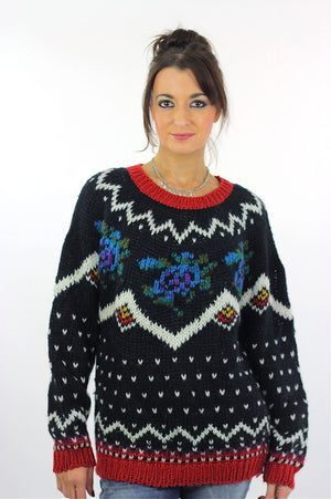Geometric sweater black hand knit zigzag Polka dot Nordic 80s Grunge Oversize Pullover Hipster Large - shabbybabe
 - 2