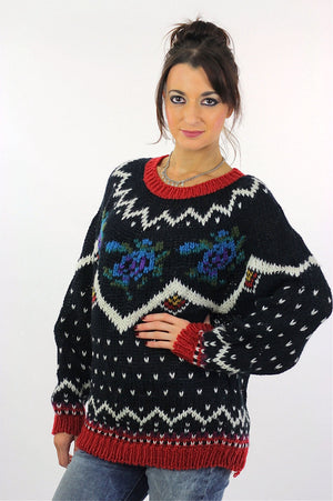Geometric sweater black hand knit zigzag Polka dot Nordic 80s Grunge Oversize Pullover Hipster Large - shabbybabe
 - 3