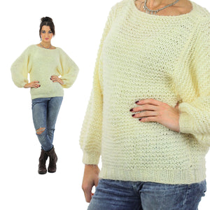 Slouchy sweater 80s oversize white pullover chunky hand knit wool tunic puff sleeve Vintage 1980s Bohemian Large - shabbybabe
 - 1