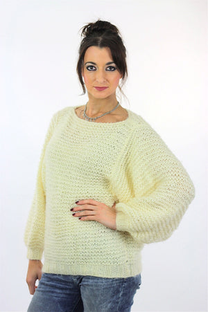 Slouchy sweater 80s oversize white pullover chunky hand knit wool tunic puff sleeve Vintage 1980s Bohemian Large - shabbybabe
 - 3