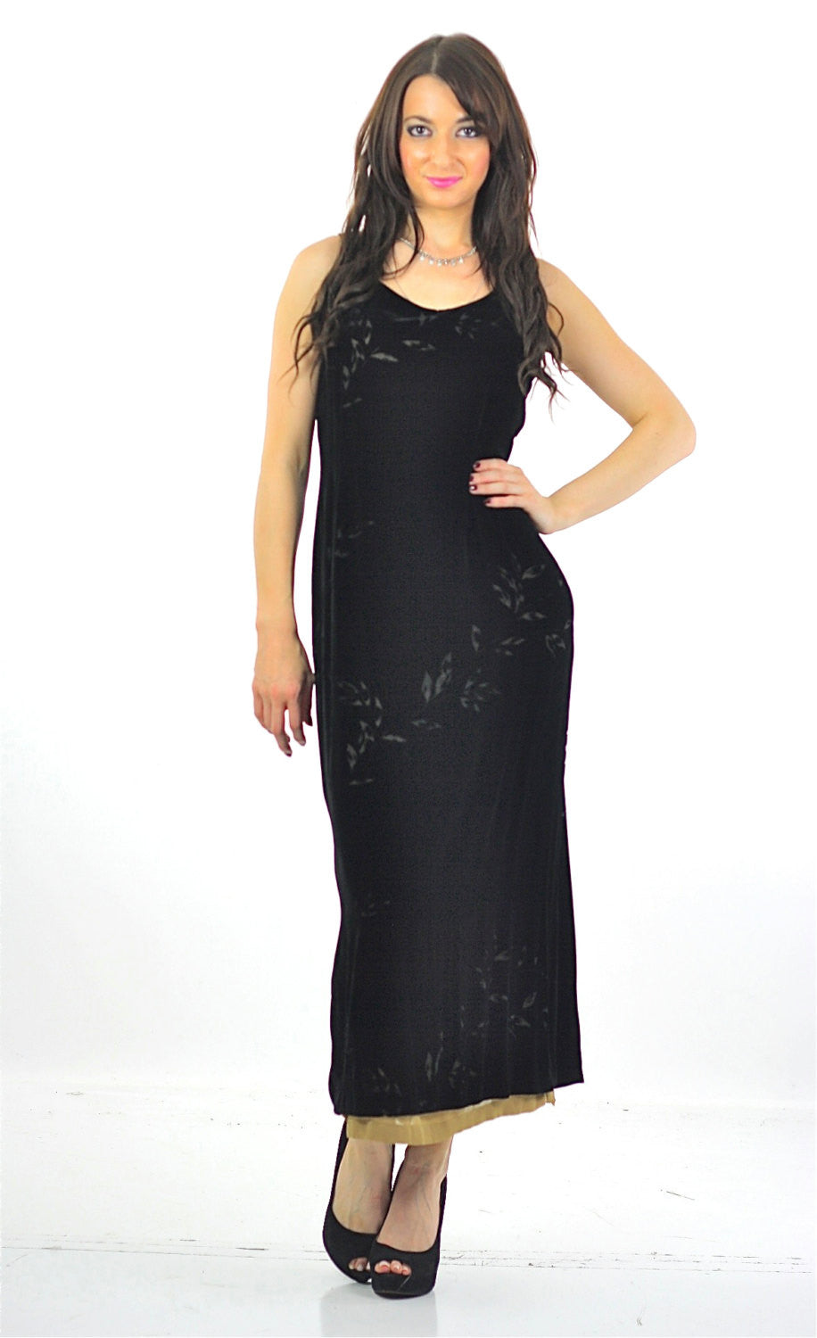 90s Black velvet burnout party maxi dress sleeveless goth Medium