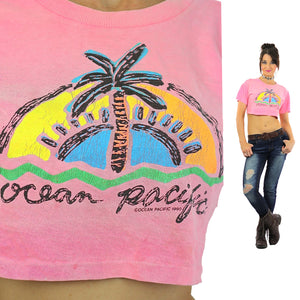 90s Ocean Pacific tropical crop top shirt pink slouchy retro graphic tee M - shabbybabe
 - 2