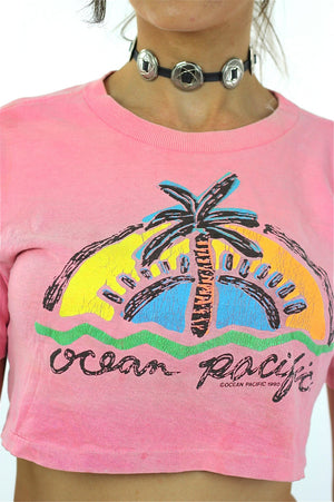 90s Ocean Pacific tropical crop top shirt pink slouchy retro graphic tee M - shabbybabe
 - 4