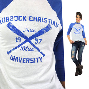 Ringer tshirt White blue baseball shirt Lubbock Christian University tee athletic tee shirt 3/4 sleeves Small - shabbybabe
 - 1