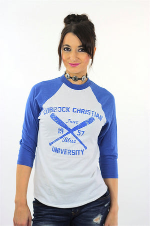 Ringer tshirt White blue baseball shirt Lubbock Christian University tee athletic tee shirt 3/4 sleeves Small - shabbybabe
 - 2