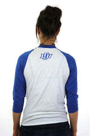 Ringer tshirt White blue baseball shirt Lubbock Christian University tee athletic tee shirt 3/4 sleeves Small - shabbybabe
 - 3