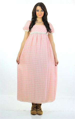 Prairie Maxi Dress Pastel pink Checkered Vintage 70s Sheer lace Puff sleeve Babydoll High waisted maxi long Tunic Small - shabbybabe
 - 2