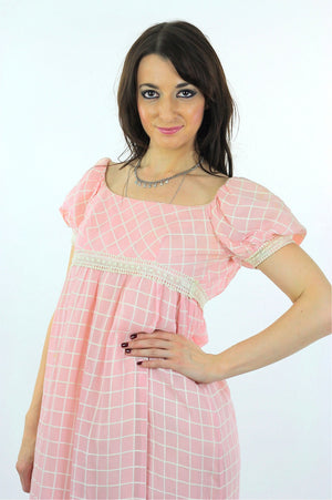 Prairie Maxi Dress Pastel pink Checkered Vintage 70s Sheer lace Puff sleeve Babydoll High waisted maxi long Tunic Small - shabbybabe
 - 5