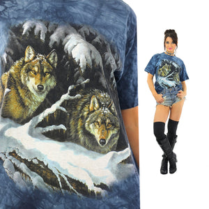 Wolf shirt animal tee 90s graphic tshirt gothic Vintage 1990s grunge hipster blue short sleeve Oversize Medium - shabbybabe
 - 1