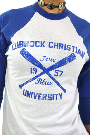 Ringer tshirt White blue baseball shirt Lubbock Christian University tee athletic tee shirt 3/4 sleeves Small - shabbybabe
 - 4
