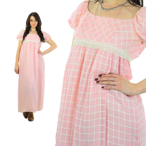 Prairie Maxi Dress Pastel pink Checkered Vintage 70s Sheer lace Puff sleeve Babydoll High waisted maxi long Tunic Small - shabbybabe
 - 1