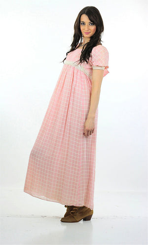 Prairie Maxi Dress Pastel pink Checkered Vintage 70s Sheer lace Puff sleeve Babydoll High waisted maxi long Tunic Small - shabbybabe
 - 3
