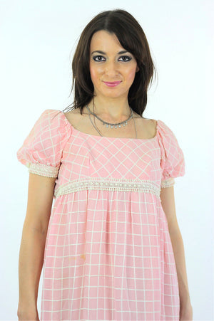 Prairie Maxi Dress Pastel pink Checkered Vintage 70s Sheer lace Puff sleeve Babydoll High waisted maxi long Tunic Small - shabbybabe
 - 4