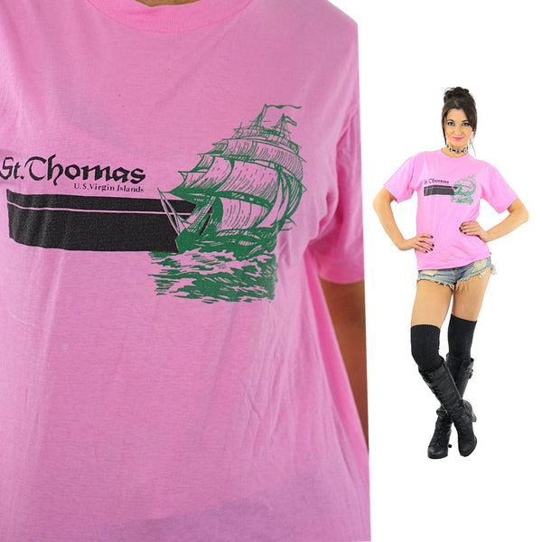 Graphic tshirt hot pink St. Thomas tee Nautical shirt Vintage 1990s Slouchy oversized short sleeve sports t shirt Medium - shabbybabe
 - 1