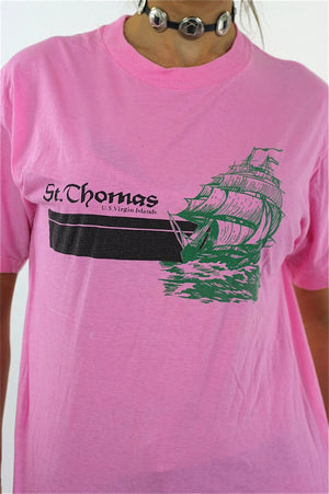 Graphic tshirt hot pink St. Thomas tee Nautical shirt Vintage 1990s Slouchy oversized short sleeve sports t shirt Medium - shabbybabe
 - 4