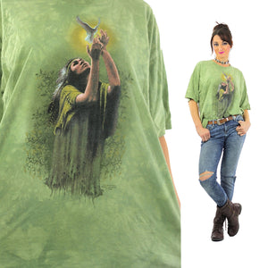 Native American shirt Indian Chief tshirt slouchy oversize tee Green short sleeve graphic tee bird print Extra Large - shabbybabe
 - 1