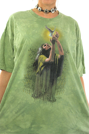 Native American shirt Indian Chief tshirt slouchy oversize tee Green short sleeve graphic tee bird print Extra Large - shabbybabe
 - 3