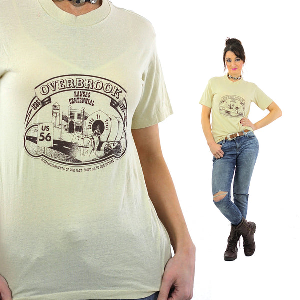 Kansas shirt Vintage 1980s Overbrook Kansas Centennial  graphic tshirt  beige brown short sleeve paper thin hipster retro Large - shabbybabe
 - 1