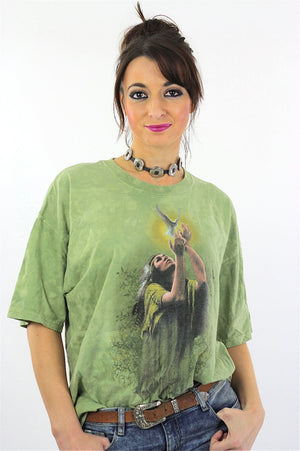 Native American shirt Indian Chief tshirt slouchy oversize tee Green short sleeve graphic tee bird print Extra Large - shabbybabe
 - 2