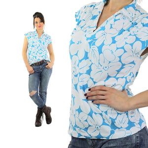 Hawaiian shirt white blue floral short sleeve knit top V neck Vintage 1980s Tropical tshirt Retro knit Medium - shabbybabe
 - 2