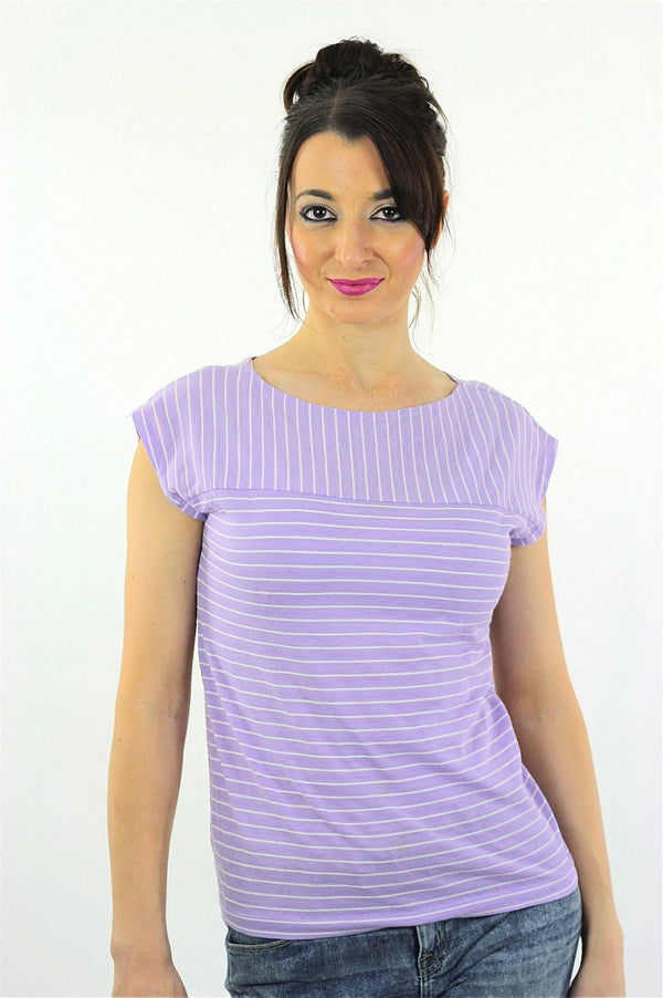 striped shirt short sleeve Vintage 1980s oversize slouchy retro purple white pastel striped blouse Medium - shabbybabe
 - 1