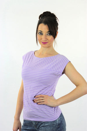striped shirt short sleeve Vintage 1980s oversize slouchy retro purple white pastel striped blouse Medium - shabbybabe
 - 3